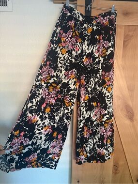 Free People Black Floral Wide-Leg Palazzo Pants, Lightweight with Pockets, S